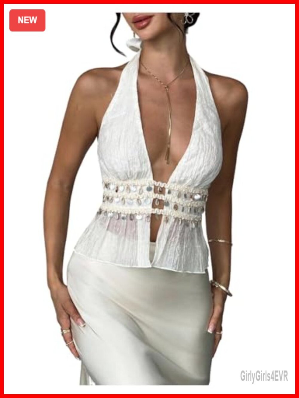 Floerns Women's Halter Shell Fringe Tank Top Open Back Sleeveless Sheer Going